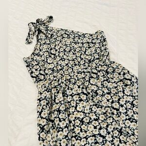 One-shoulder maxi dress, size medium, black with white/brown/green floral.